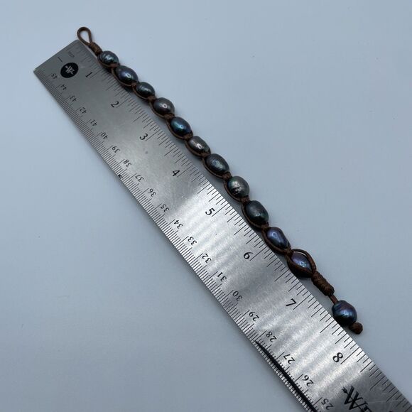 Black Peacock Peal Brown Cord Statement Bracelet 6.5" Freshwater Boho Beautiful - Picture 6 of 6